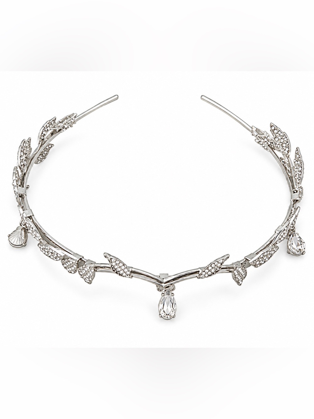 Rhinestone Crystal Leaf Crown Headband - Silver Tone